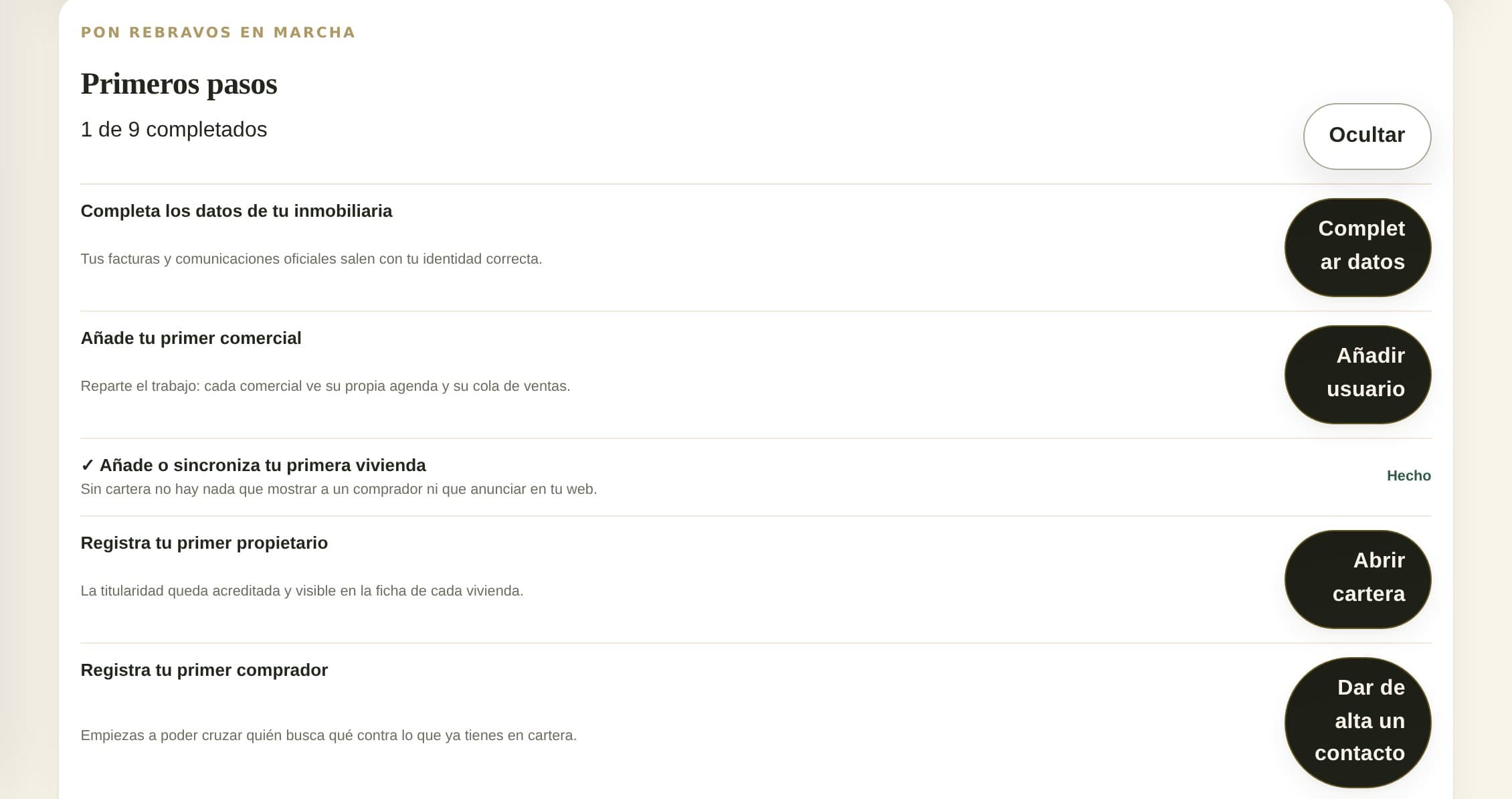 Primeros pasos operativos al entrar en el panel