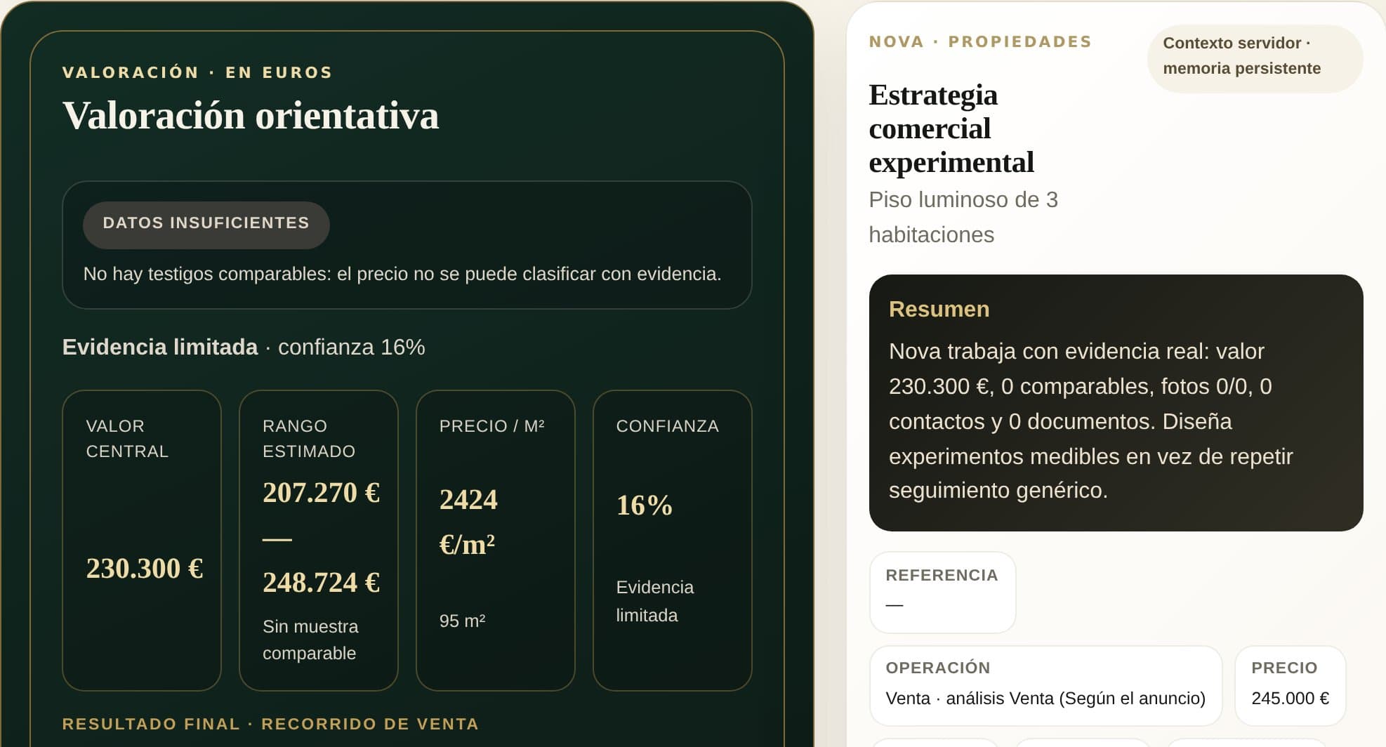 Ficha de vivienda con valoración orientativa y estrategia comercial de Nova