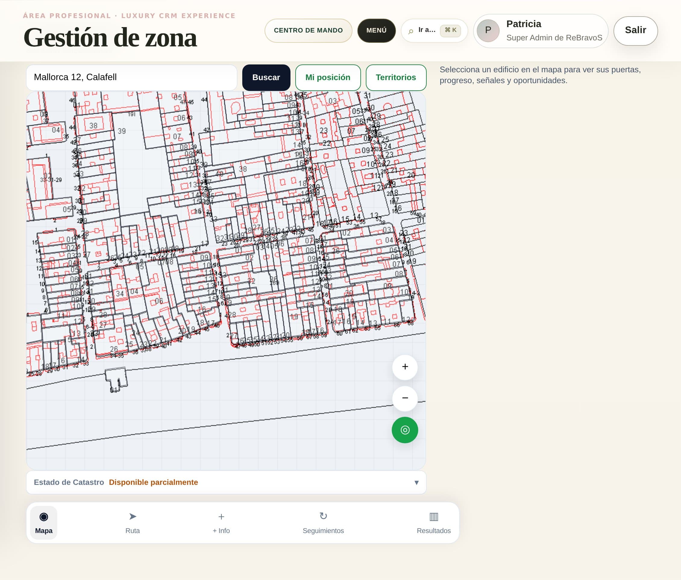 Gestión de zona con cartografía de Catastro sobre el mapa